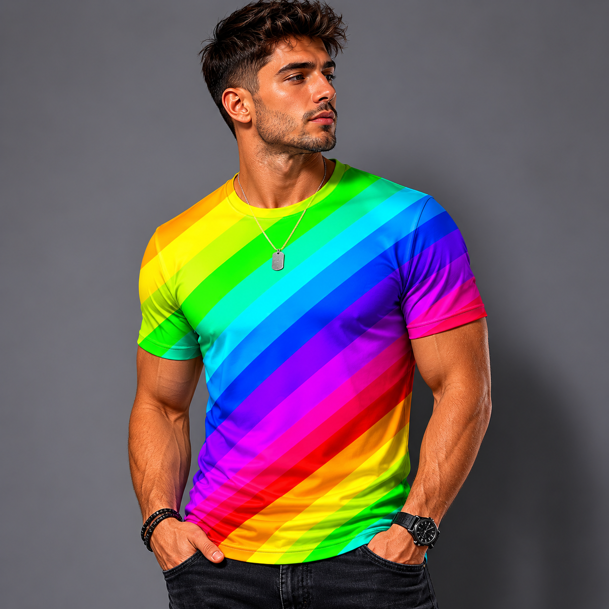 Rainbow Stripe 3D Print T-Shirt – Diagonal | S–5XL | Polyester