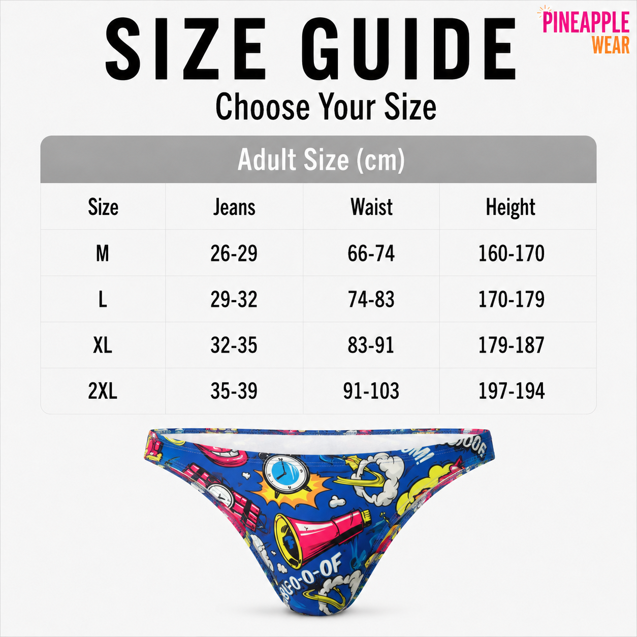 Comic Print Swim Brief – White, Blue & Grey | M–2XL | Polyester