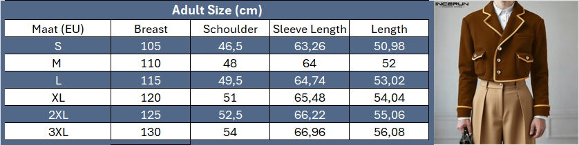 INCERUN Men's Patchwork Lapel Crop Jacket – Long Sleeve Button Streetwear Coat | S–XXXL