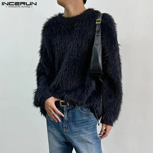 INCERUN Men's Plush Solid Colour Pullover – O-Neck Long Sleeve Casual Streetwear Sweater | S–5XL