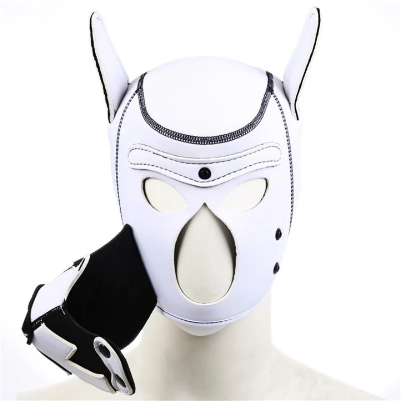 Puppy Play Hood – White & White with Collar | Synthetic Leather