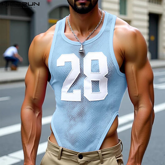 INCERUN Men's Mesh Patchwork Transparent Bodysuit – Sleeveless Tank Romper | S–XXXL