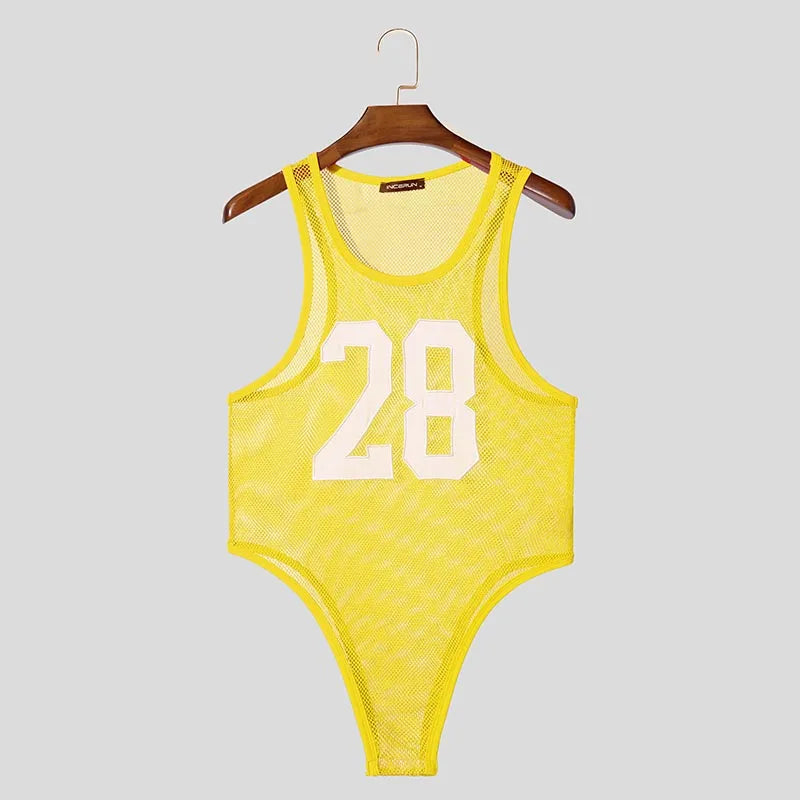 INCERUN Men's Mesh Patchwork Transparent Bodysuit – Sleeveless Tank Romper | S–XXXL