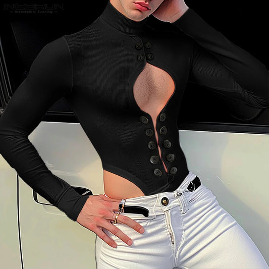 Hollow-Out High Neck Bodysuit – White, Blue & Black | S–5XL | Polyester & Spandex