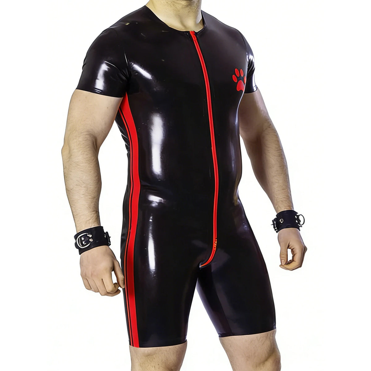 Paw Print Latex Catsuit – Black & Orange / Black & Red | XS–2XL | Natural Latex