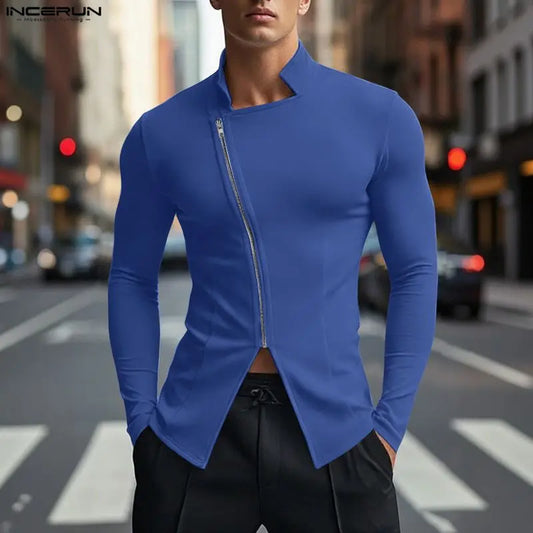 Incerun Diagonal Zip Vest | White, Blue & Black | S–XXXL