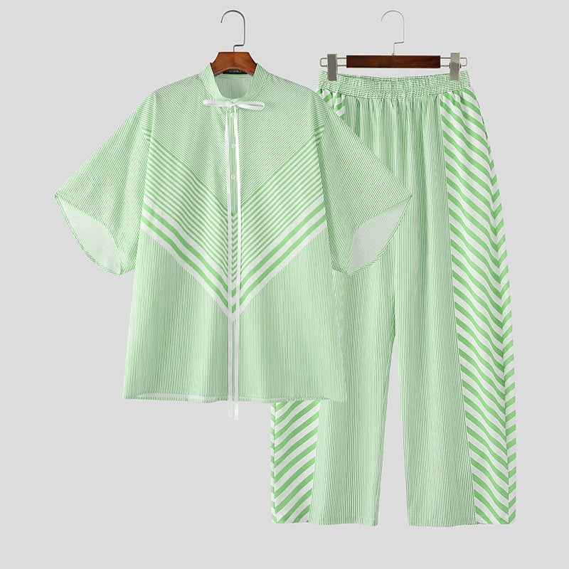 INCERUN Men's Striped Patchwork Set β Lace-Up Shirt & Pants Co-ord | Sβ5XL