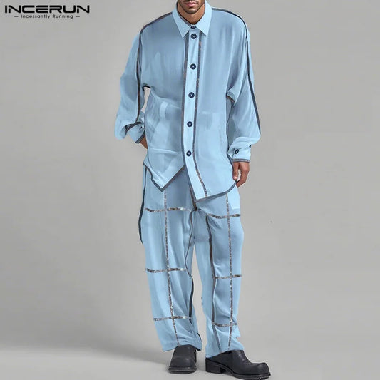 INCERUN Men's See-Through Patchwork Set – Sheer Long Sleeve Shirt & Pants | S–5XL