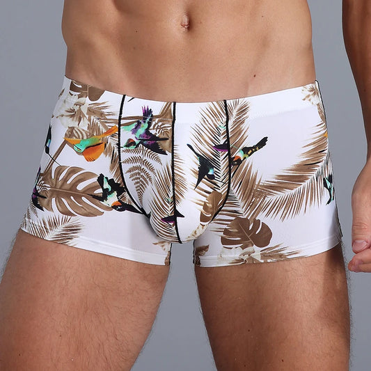 Bird Print Ice Silk Boxer Short – S–2XL | Silk & Synthetic