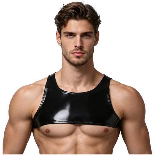Glossy PU Leather Crop Tank Top – Black | S–3XL | 50% PU & Polyester
