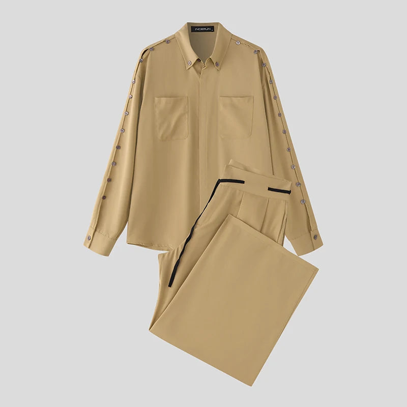 INCERUN Men's Loose Lapel Shirt & Pants Set – Long Sleeve Casual Co-ord | S–5XL