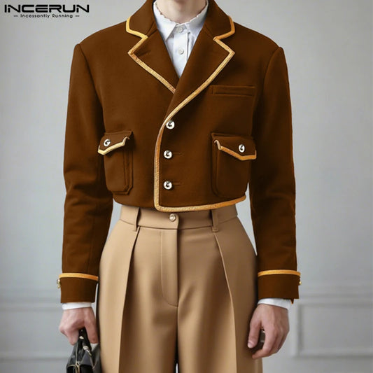 INCERUN Men's Patchwork Lapel Crop Jacket β Long Sleeve Button Streetwear Coat | SβXXXL
