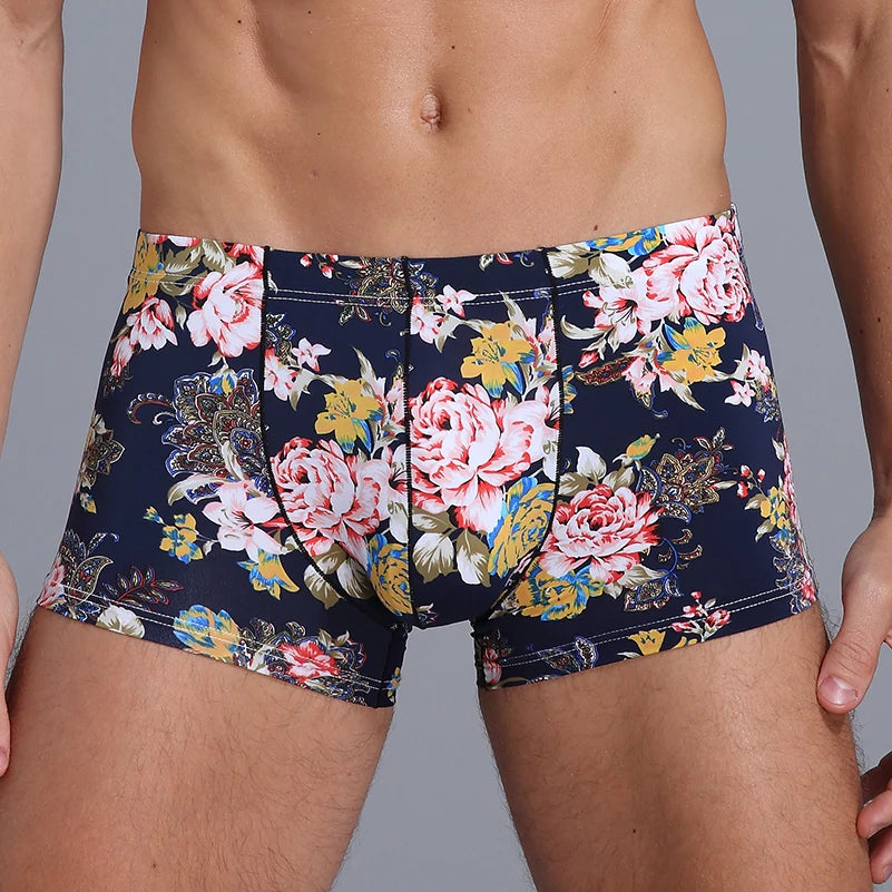 Flower Print Ice Silk Boxer Short β Sβ2XL | Silk & Synthetic