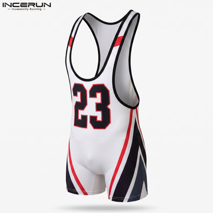 Men's Letter Print Patchwork Bodysuit – Black & White | S–3XL | Polyester & Spandex