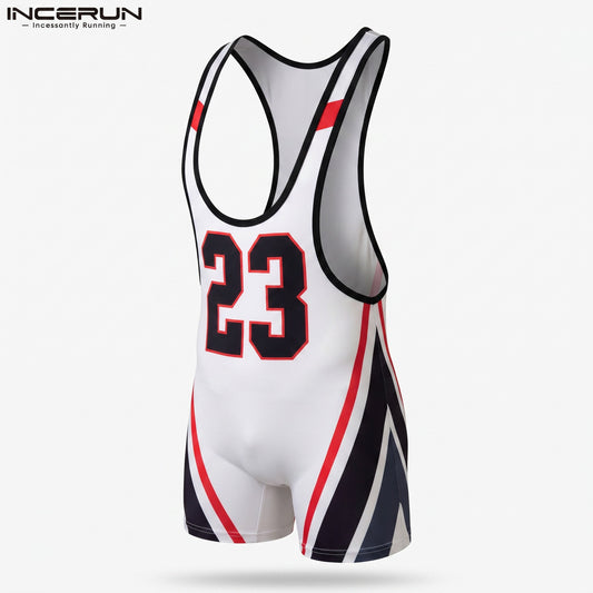 Men's Letter Print Patchwork Bodysuit – Black & White | S–3XL | Polyester & Spandex