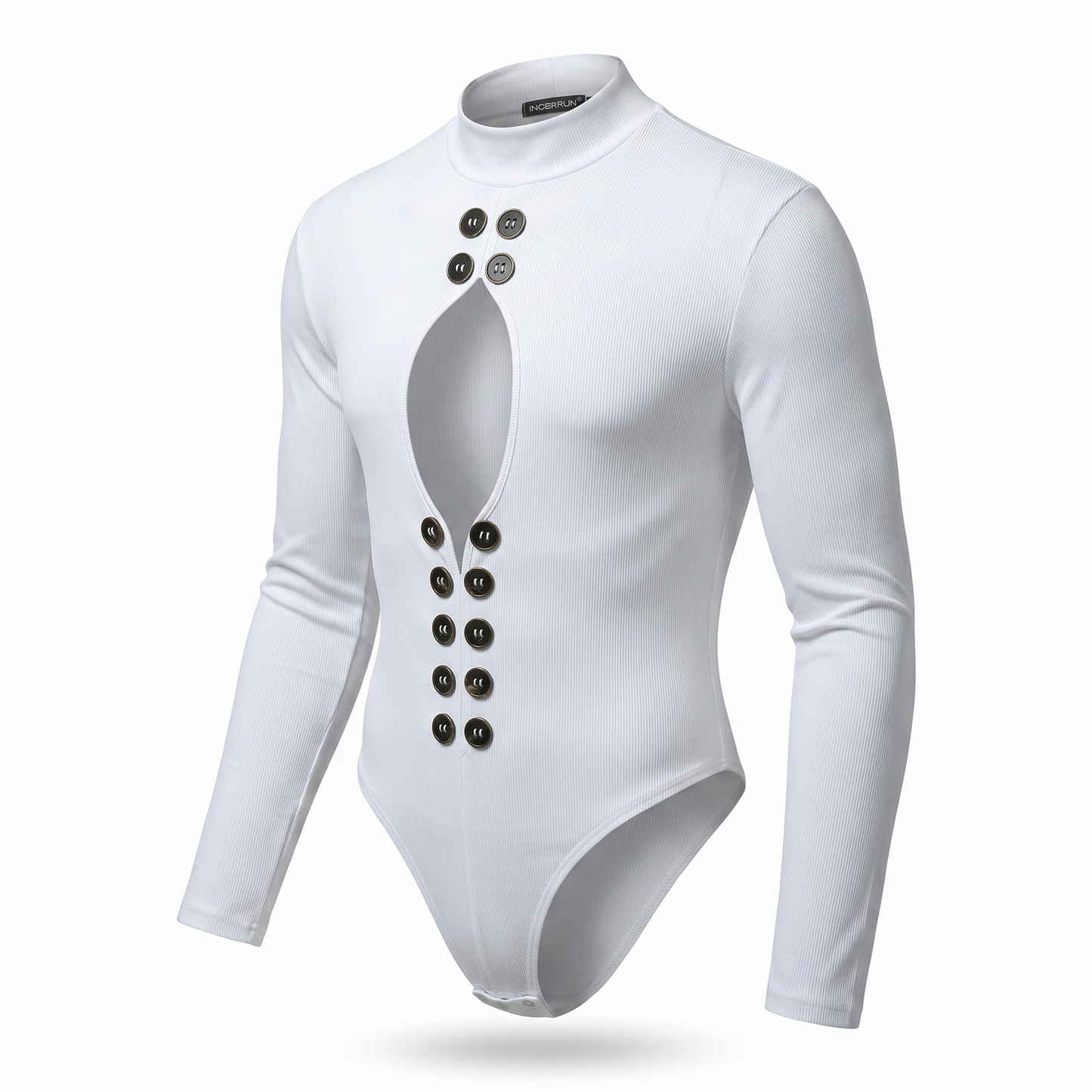 Hollow-Out High Neck Bodysuit – White, Blue & Black | S–5XL | Polyester & Spandex