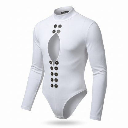 Hollow-Out High Neck Bodysuit – White, Blue & Black | S–5XL | Polyester & Spandex