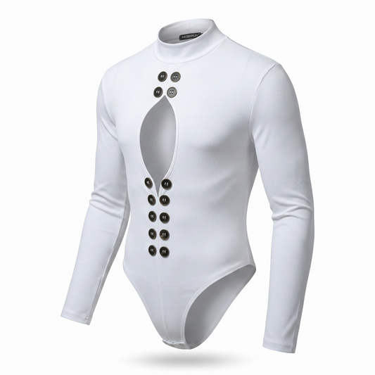 Hollow-Out High Neck Bodysuit – White, Blue & Black | S–5XL | Polyester & Spandex