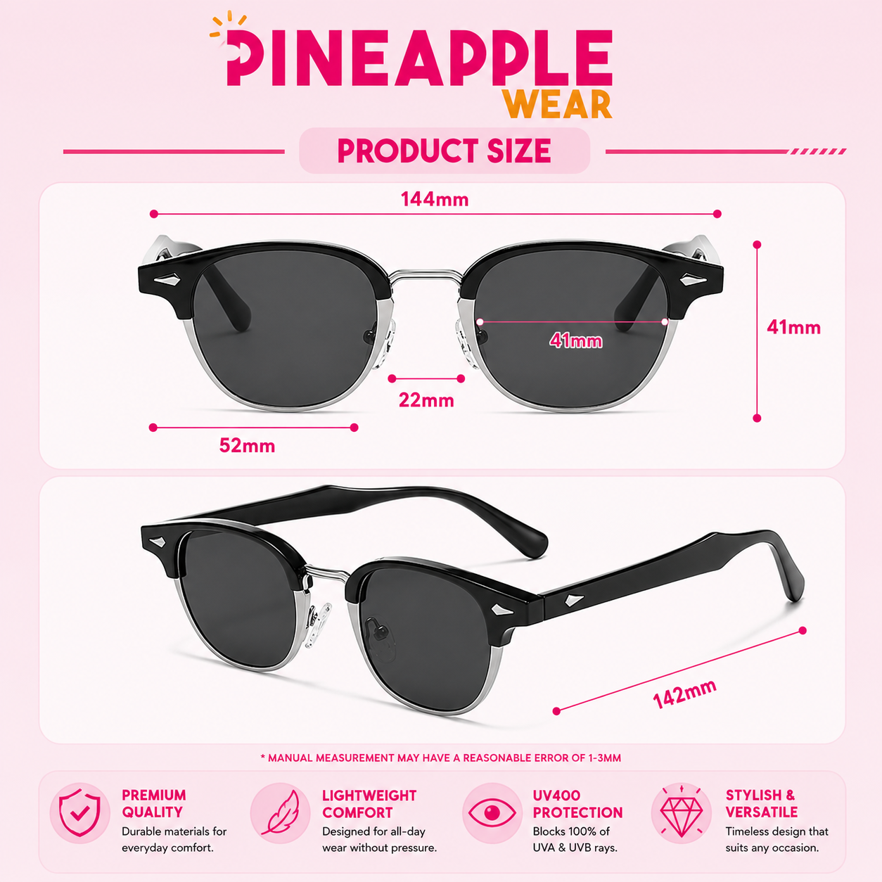Semi-Frameless Round Sunglasses – 5 Colours | One Size | Metal & Plastic
