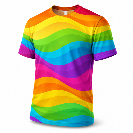 Rainbow Stripe 3D Print T-Shirt – Waves | S–5XL | Polyester
