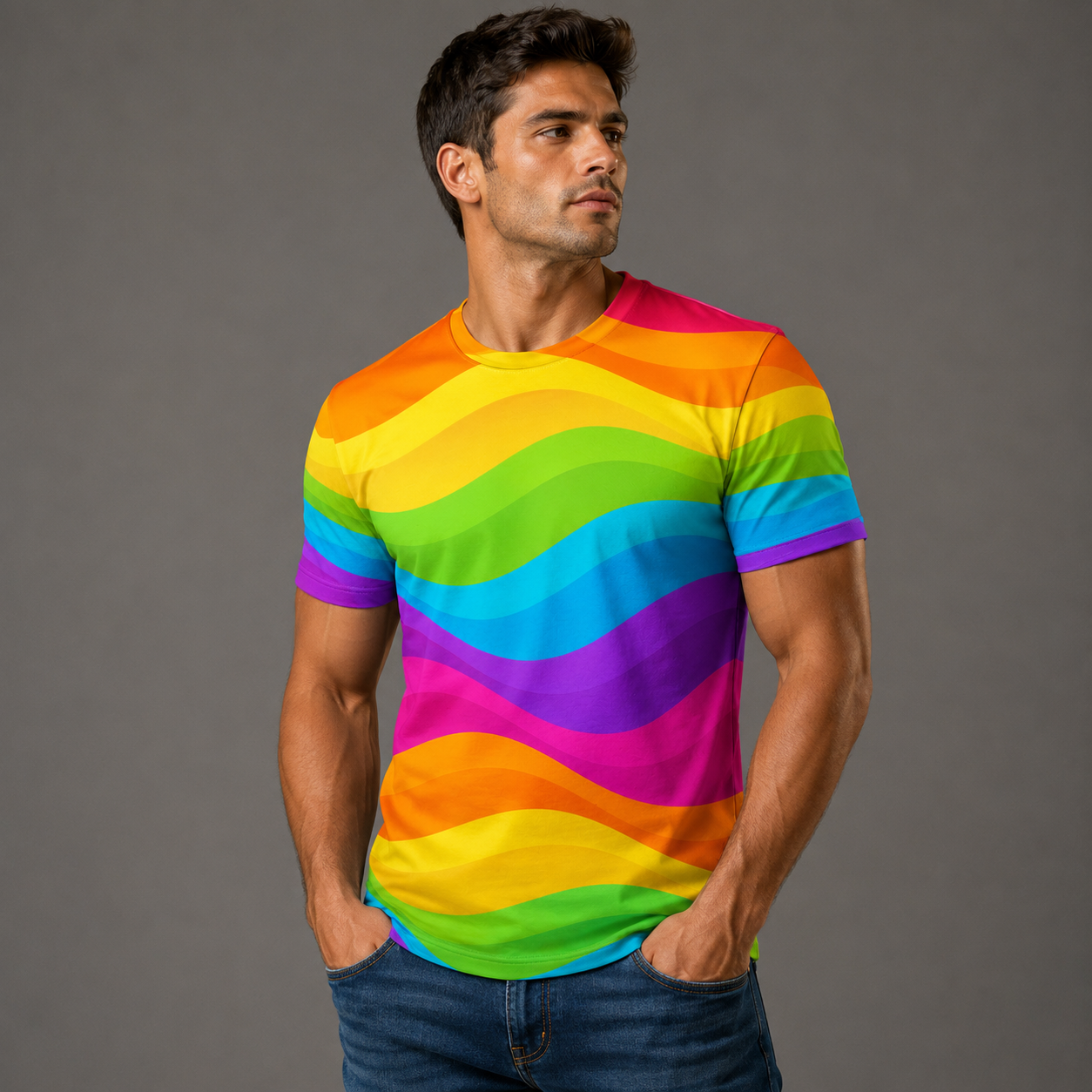 Rainbow Stripe 3D Print T-Shirt – Waves | S–5XL | Polyester