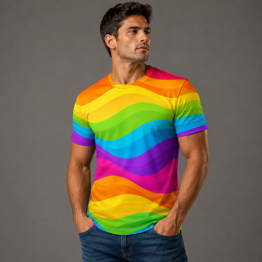 Rainbow Stripe 3D Print T-Shirt – Waves | S–5XL | Polyester