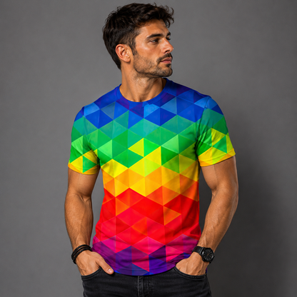 Rainbow Stripe 3D Print T-Shirt – Blocked | S–5XL | Polyester