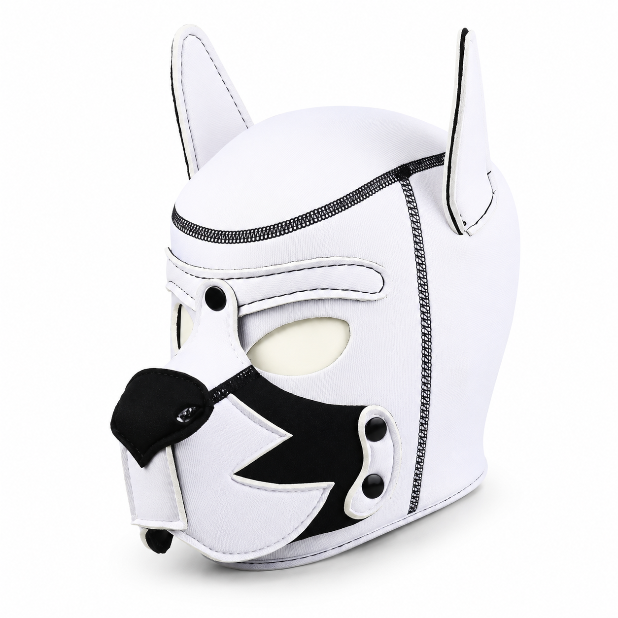 Puppy Play Hood – White & White with Collar | Synthetic Leather