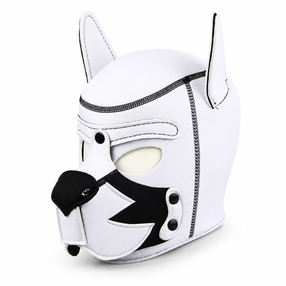 Puppy Play Hood – White & White with Collar | Synthetic Leather