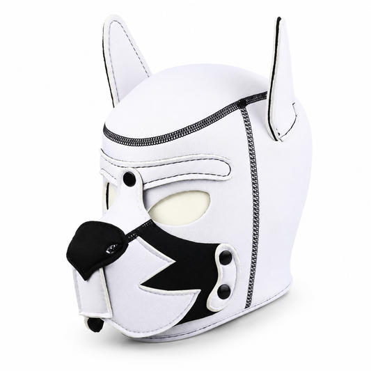 Puppy Play Hood – White & White with Collar | Synthetic Leather