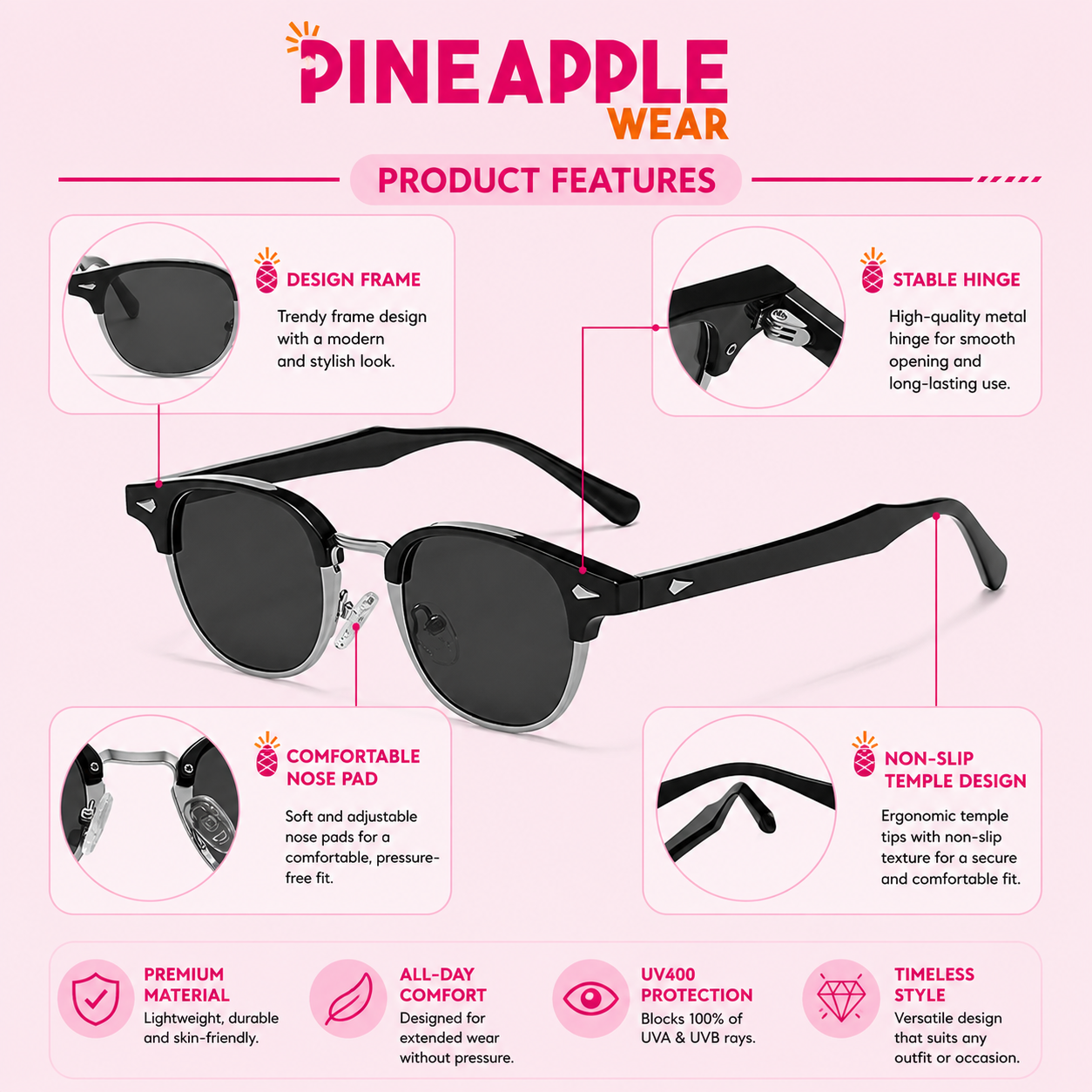 Semi-Frameless Round Sunglasses – 5 Colours | One Size | Metal & Plastic