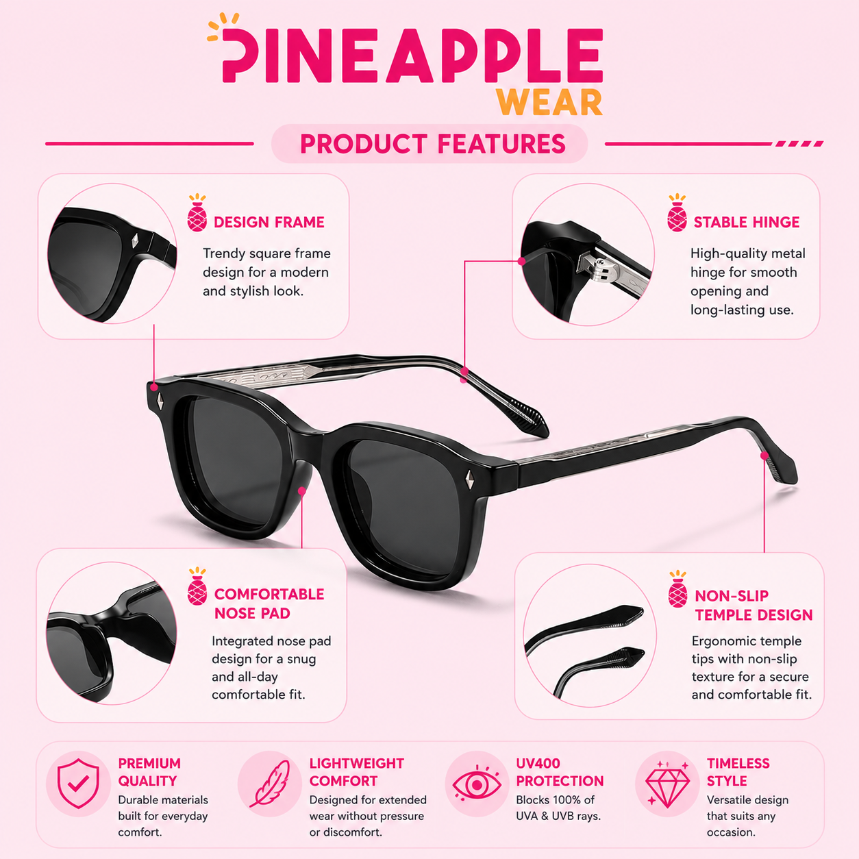 Elegant Square Sunglasses – 7 Colours | One Size | Plastic