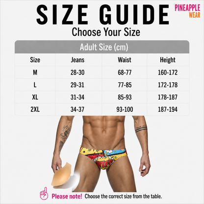 Cartoon Print Swim Brief – 16 Colours | M–2XL | Polyester & Elastane