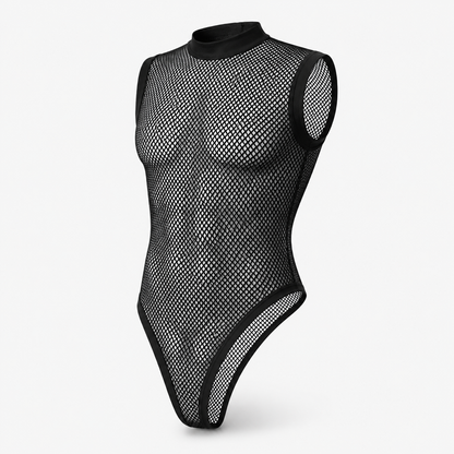 Mesh Patchwork See-Through Bodysuit – Black | S–5XL | Polyester & Spandex