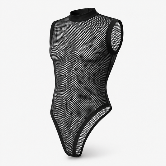 Mesh Patchwork See-Through Bodysuit – Black | S–5XL | Polyester & Spandex