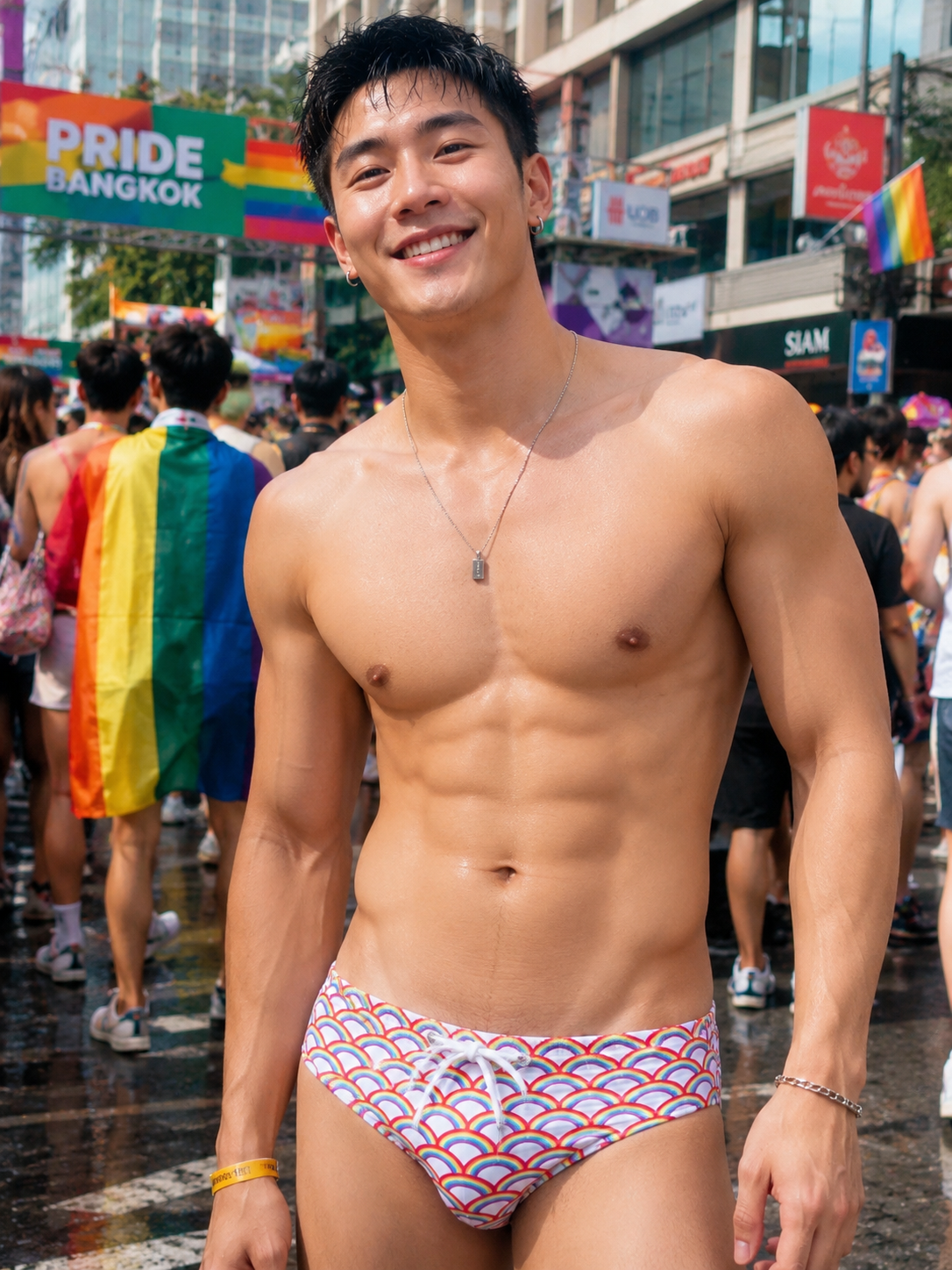 Printed Swimbrief – Tropical Leaves, Dots & Rainbow | M–XL | Nylon & Lycra