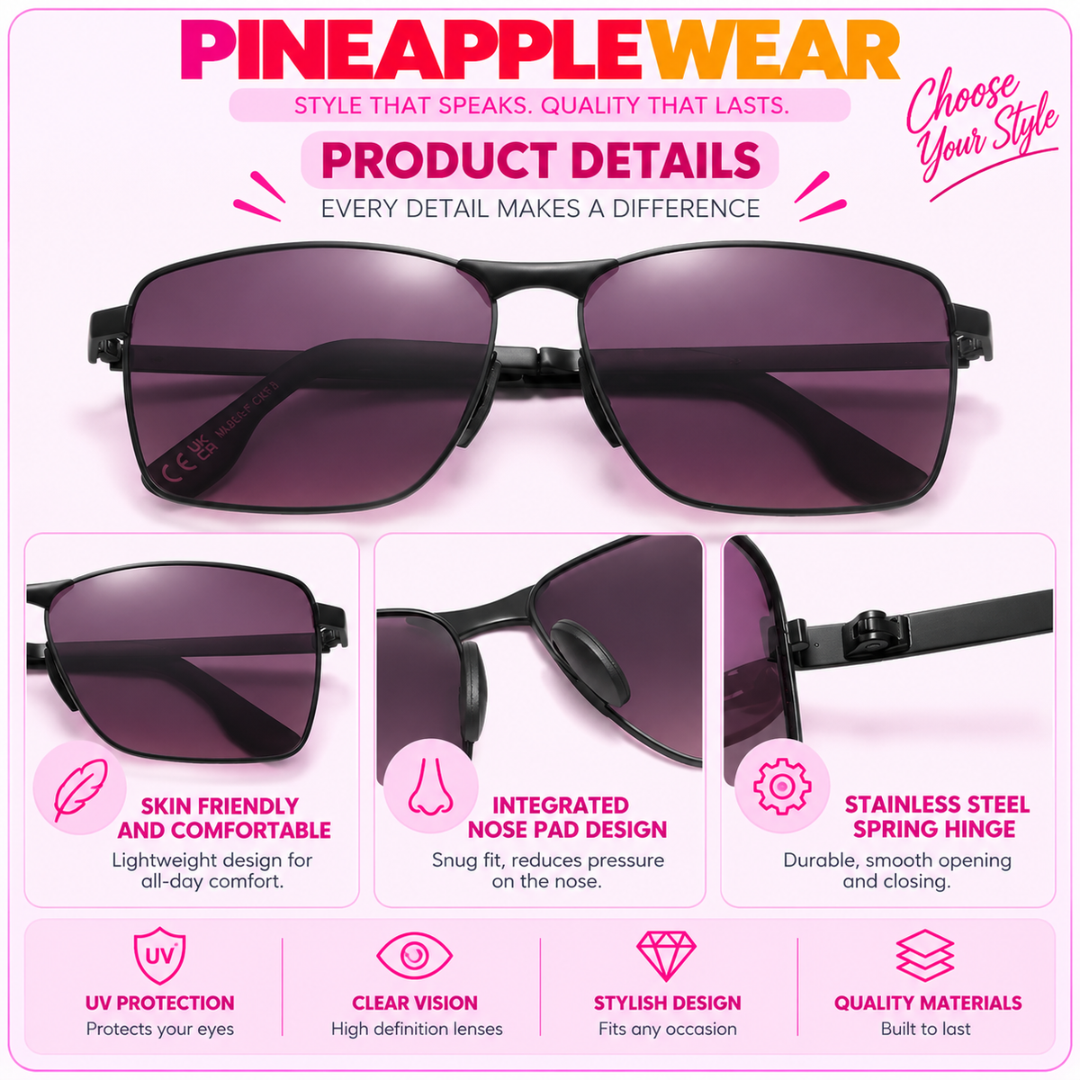 Rectangle Alloy Frame Sunglasses – 9 Colours | One Size | UV400 Polarized