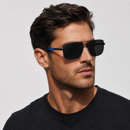 Polarized Rectangle Sunglasses – Black Gray & Silver Blue | UV400 | Stainless Steel
