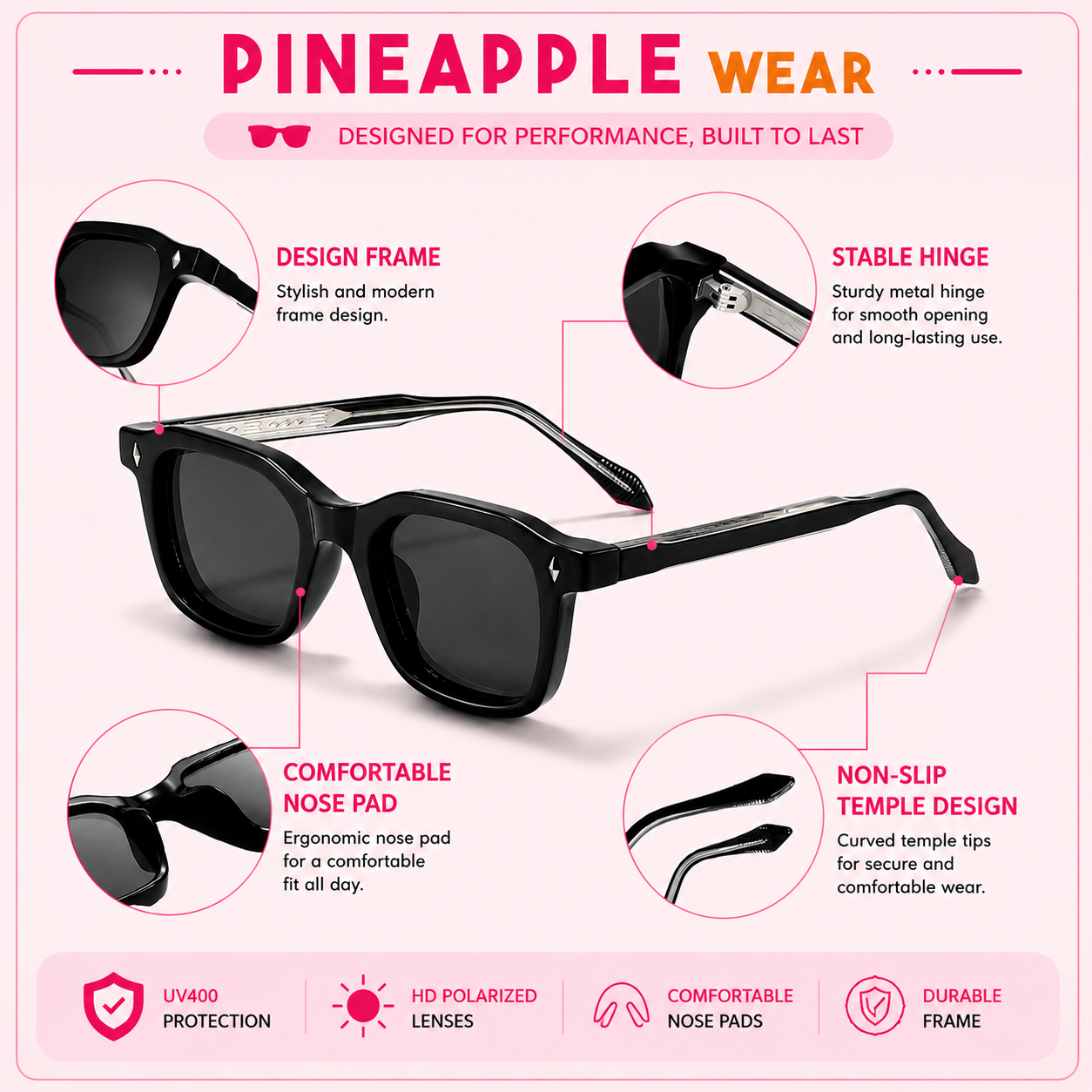 Elegant Square Sunglasses – 7 Colours | UV400 | With or Without Case