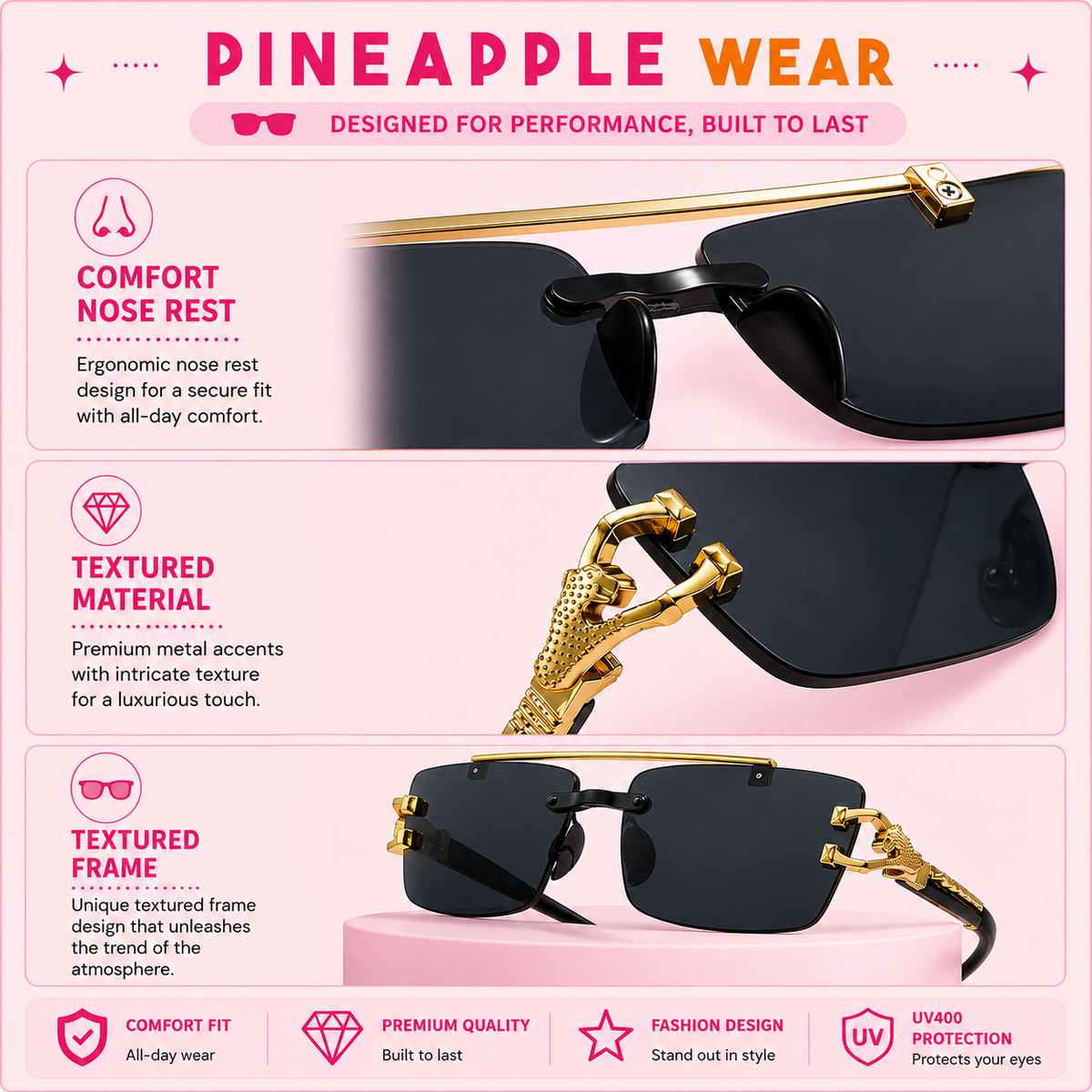 Double Beam Frameless Sunglasses – UV400 | 5 Colours | Leopard Detail