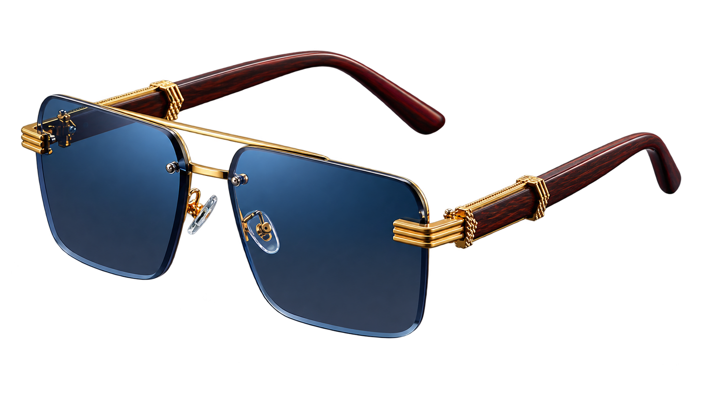 Rectangle Double Beam Sunglasses – UV400 | 2 Colours | Wood Grain Detail