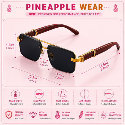 Rectangle Double Beam Sunglasses – UV400 | 2 Colours | Wood Grain Detail
