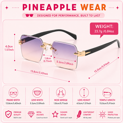 Rimless Rectangle Sunglasses – UV400 | 5 Colours | Plastic Frame