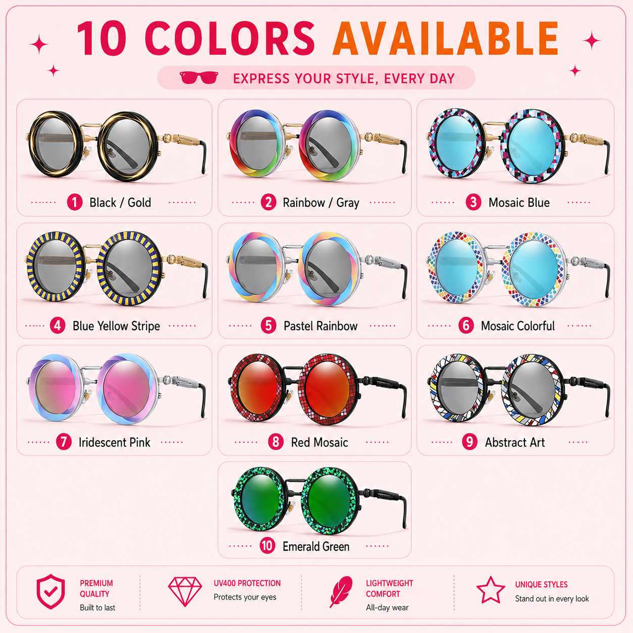 Round Steampunk Sunglasses – UV400 | 10 Colours | Metal Frame