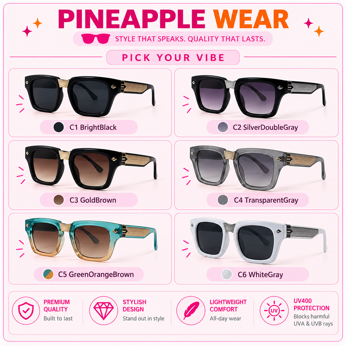 Oversized Square Sunglasses – 6 Colours | One Size | Plastic & UV400