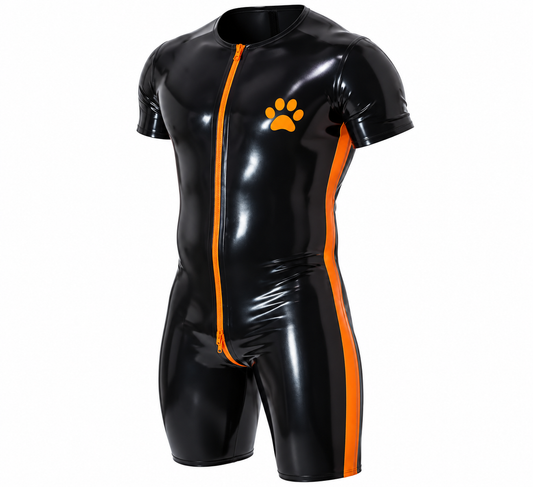 Paw Print Latex Catsuit – Black & Orange / Black & Red | XS–2XL | Natural Latex
