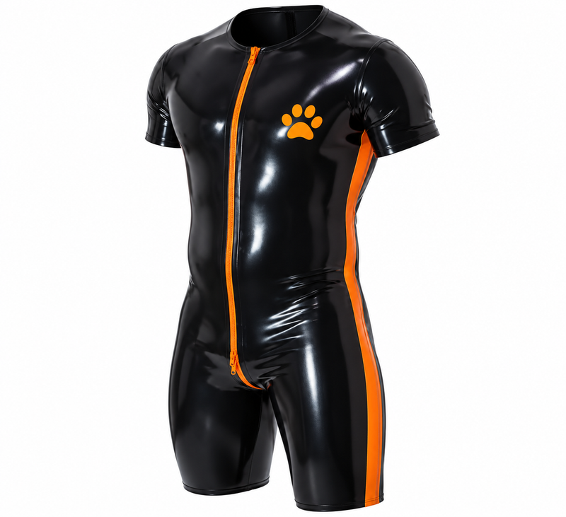Paw Print Latex Catsuit – Black & Orange / Black & Red | XS–2XL | Natural Latex