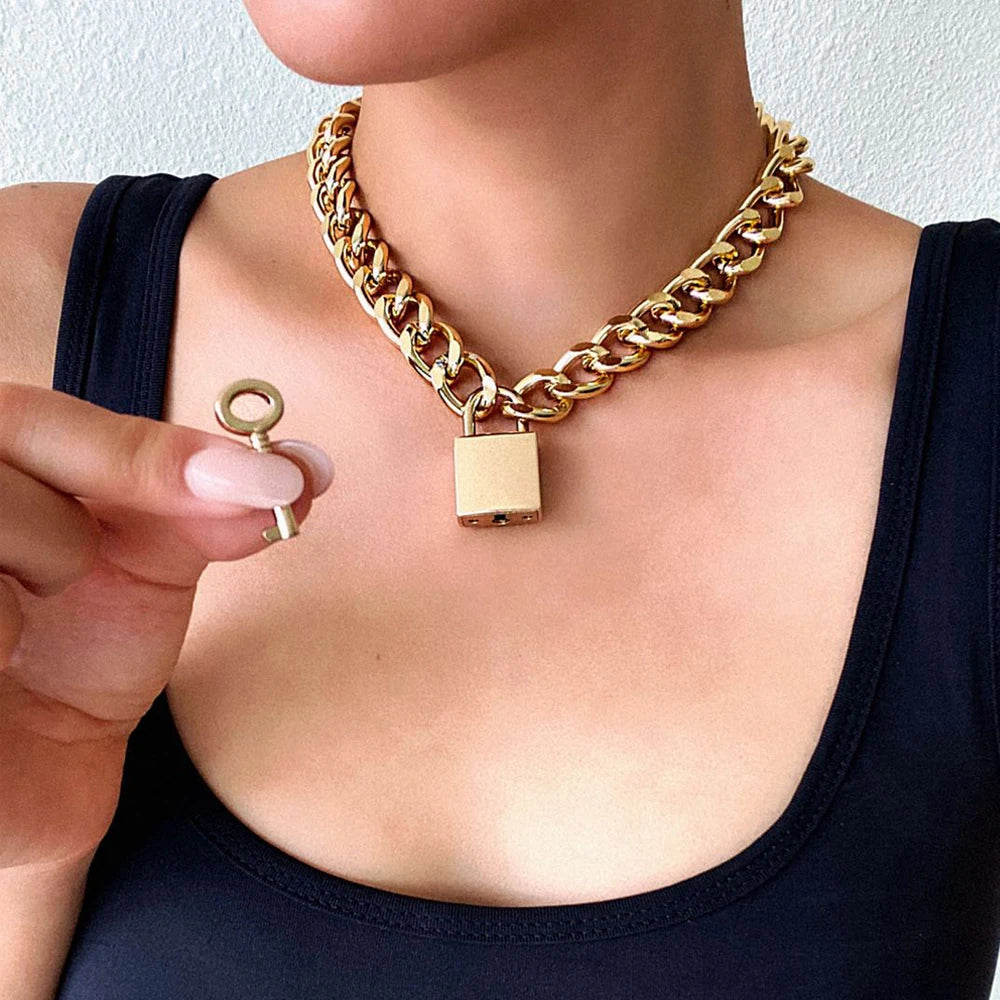 Padlock Pendant Chain Necklace – Silver & Gold | Aluminium Alloy | Vintage