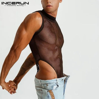 Mesh Patchwork See-Through Bodysuit – Black | S–5XL | Polyester & Spandex
