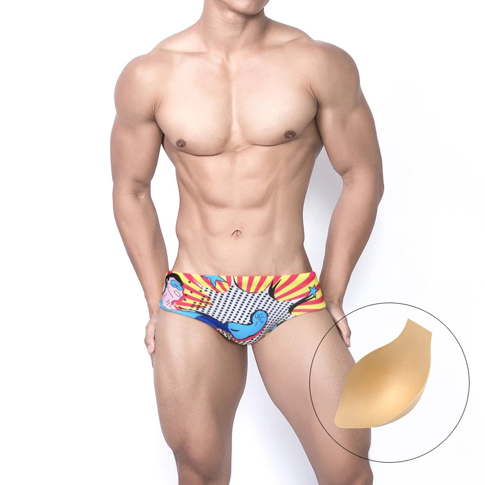 Cartoon Print Swim Brief – 16 Colours | M–2XL | Polyester & Elastane